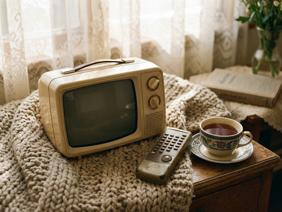 A small vintage portable television and a chunky old remote control resting on a knitted blanket beside a cup of tea.