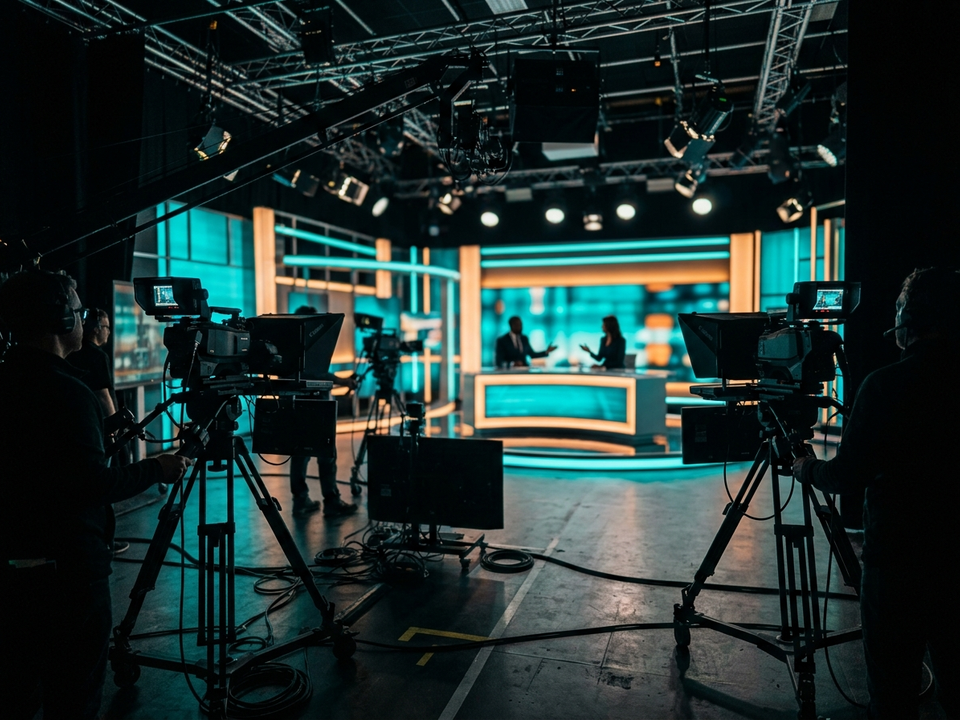 A television studio seen from behind the cameras, with stage lights and the anonymous silhouettes of a presenting desk.