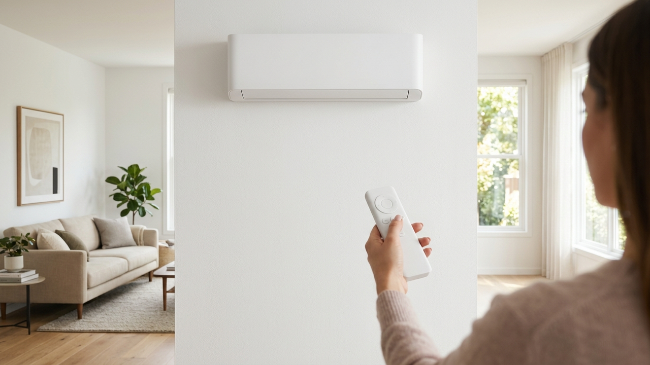 A modern wall-mounted air conditioning unit being controlled with a remote.