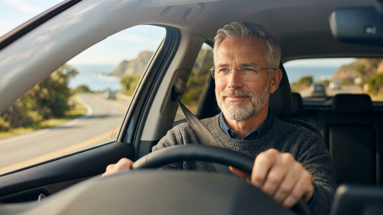 A man driving on a sunny road wearing modern eyeglasses.